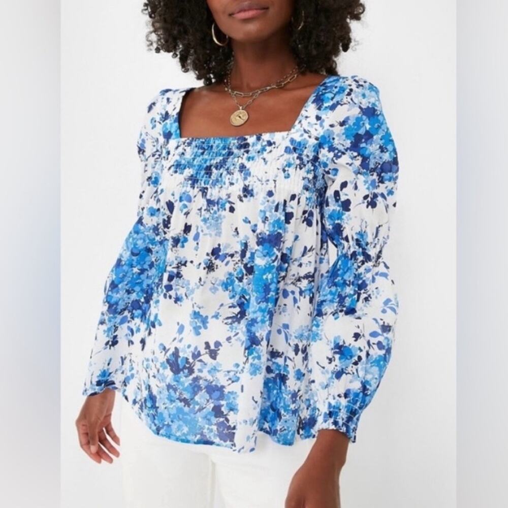 Tuckernuck Bluebell Meadows Tilly Blouse blue floral 100% cotton smocked swing
